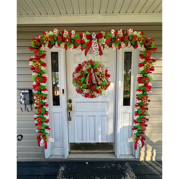 Grinch Christmas Garland Handmade, Red Green Holiday Mesh Ribbon Garland + Bows - Picture 4 of 10